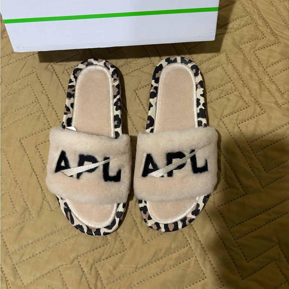 APL Plush Logo Slide Sandals in Beige with Leopard Trim